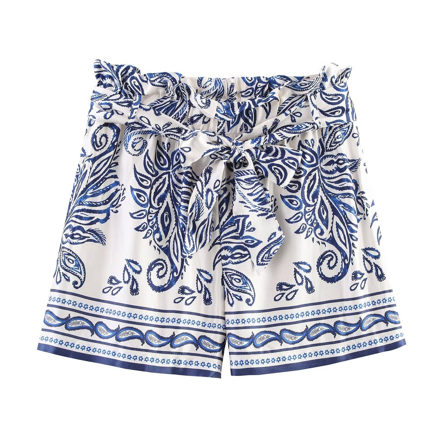 Women's New With Belt Satin Texture paper bag style printed shorts