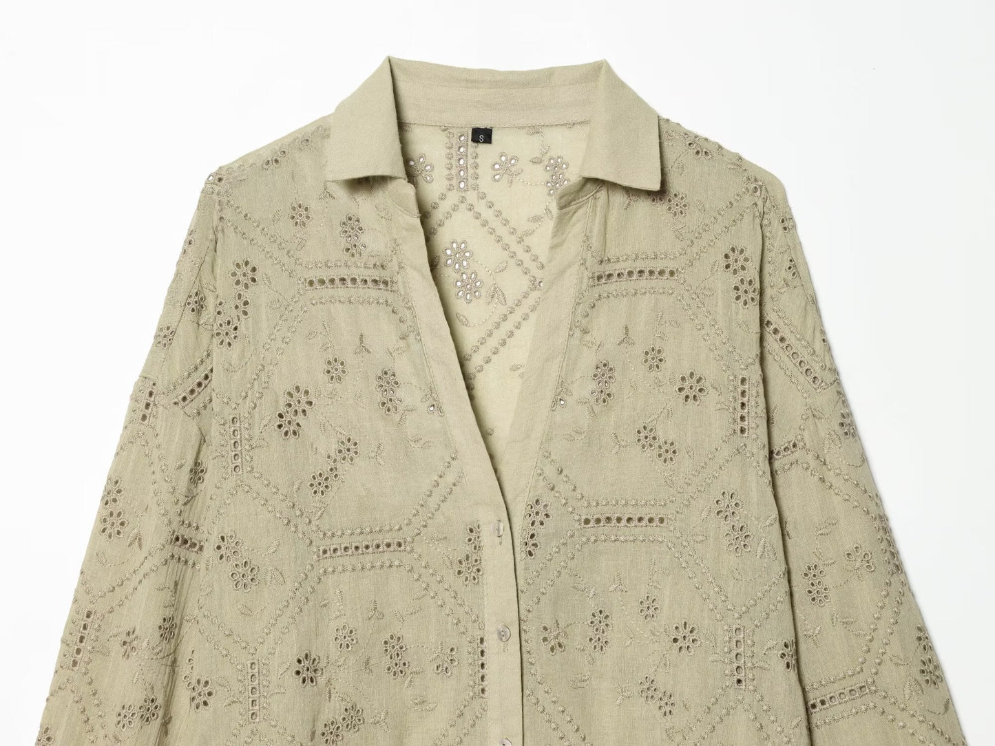 Women's hollowed out embroidered lapel shirt