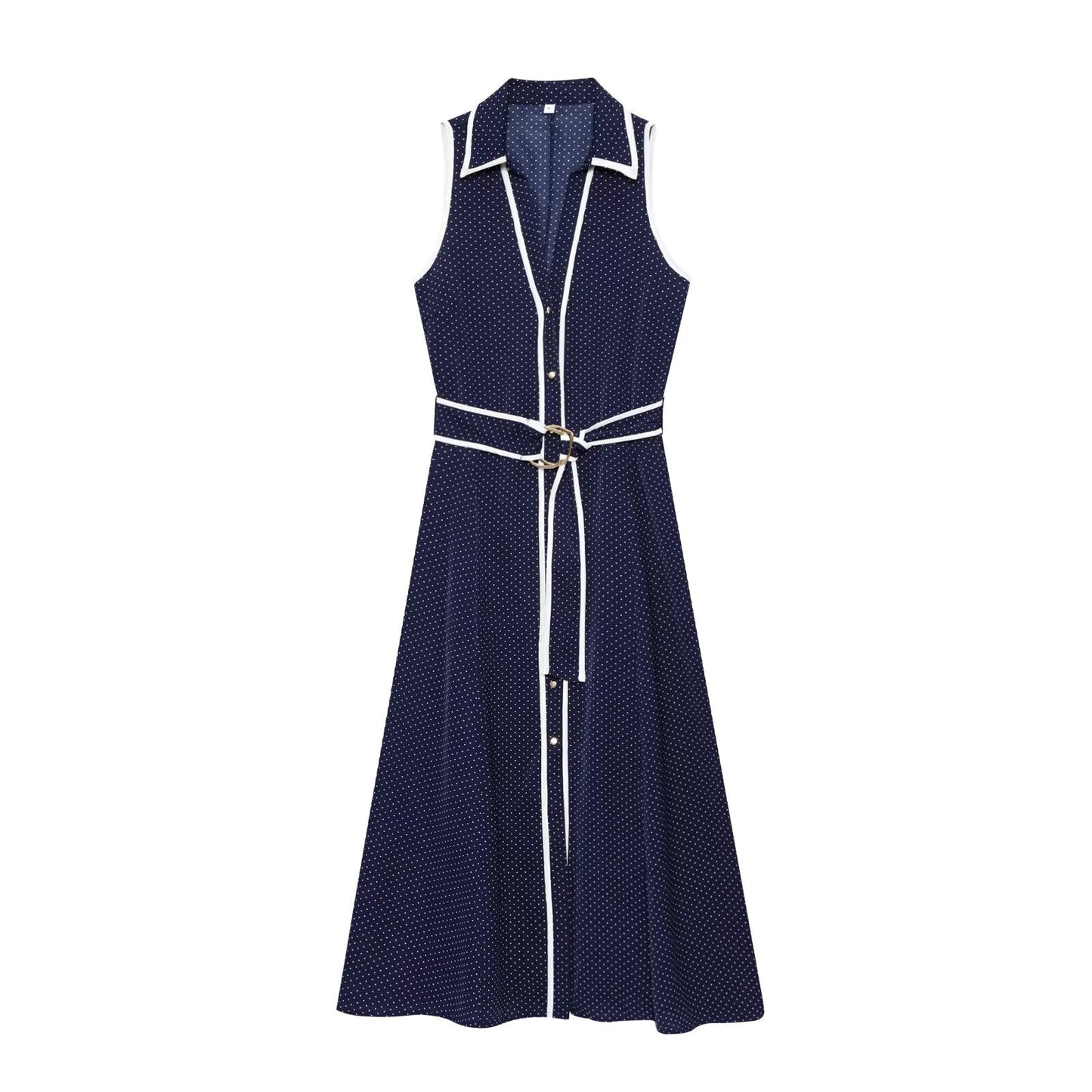 Women's chic fashion with Belt polka dot printed shirt style MIDI dress