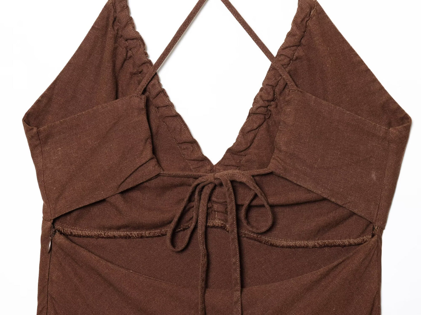 Women's new fashion slim backless V-neck linen blended suspender MIDI dress