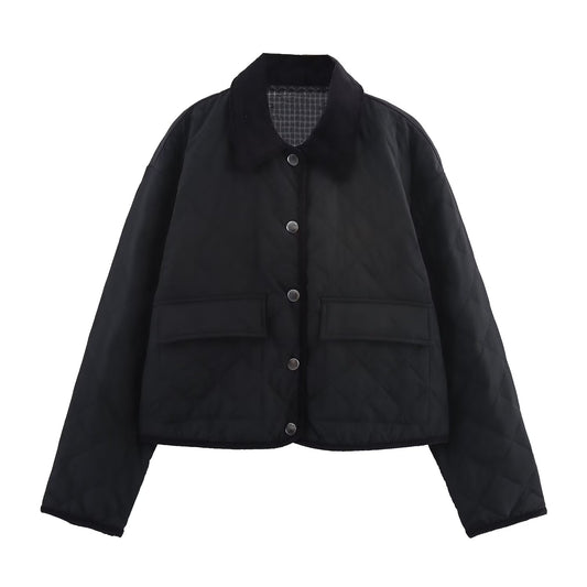 Women's New Fashion Corduroy Short Quilted Nylon Lapel Coat