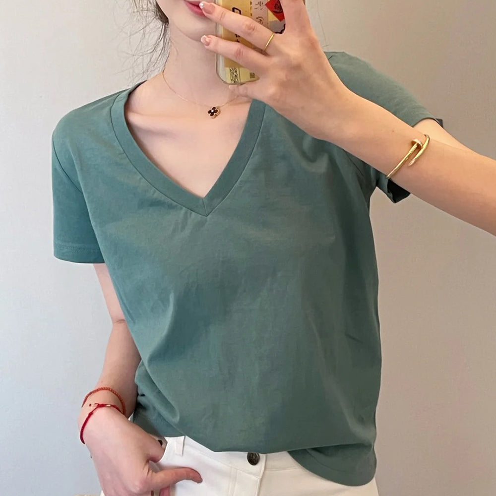 Women's new fashion casual Joker shoulder V-neck comfortable thin short-sleeved T-shirt