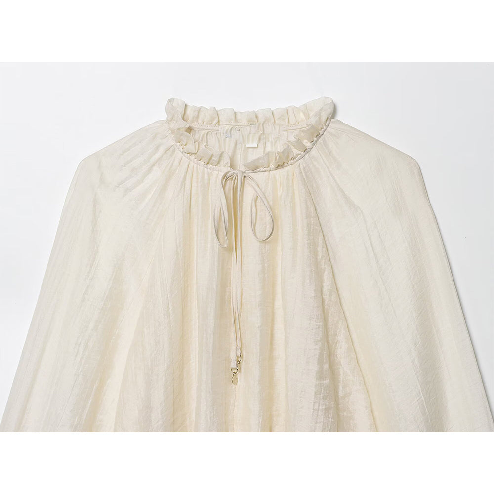 Women's new fashion bubble sleeve short draped pleated shirt