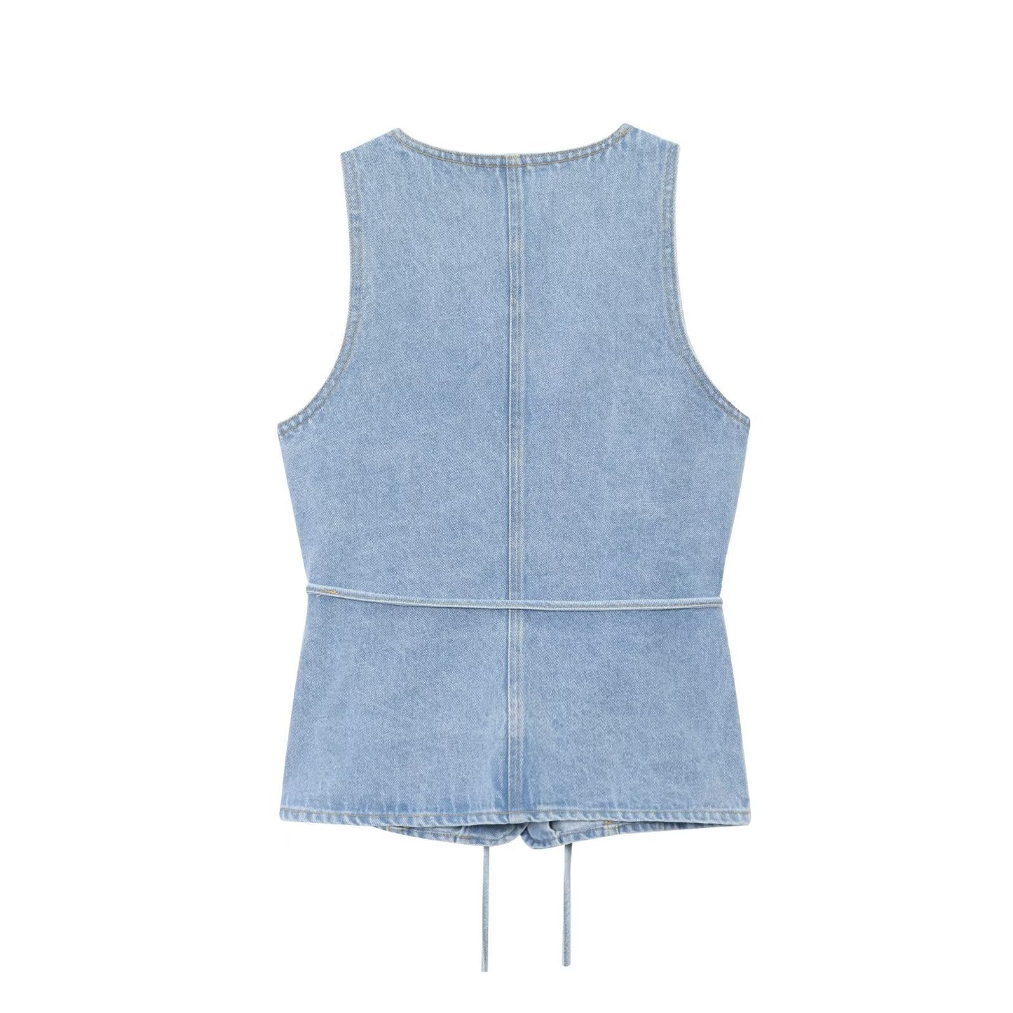 Women's new fashion with Belt sleeveless V-neck denim top+Jeans suit