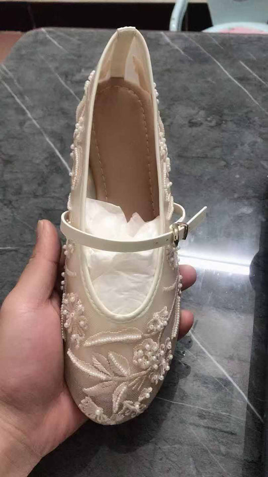 Women's New Fashion Temperament Joker Embroidered Gauze Shallow Flat Ballet Shoes