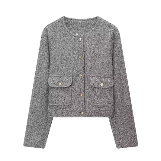 Women's O Neck single breasted woolen jacket Coat