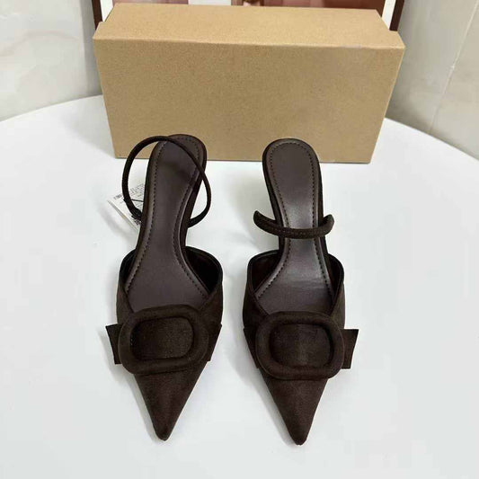 Women's New Fashion Temperament Joker Square Buckle Decoration Baotou Design Shallow Open-heeled Pointed High Heels.