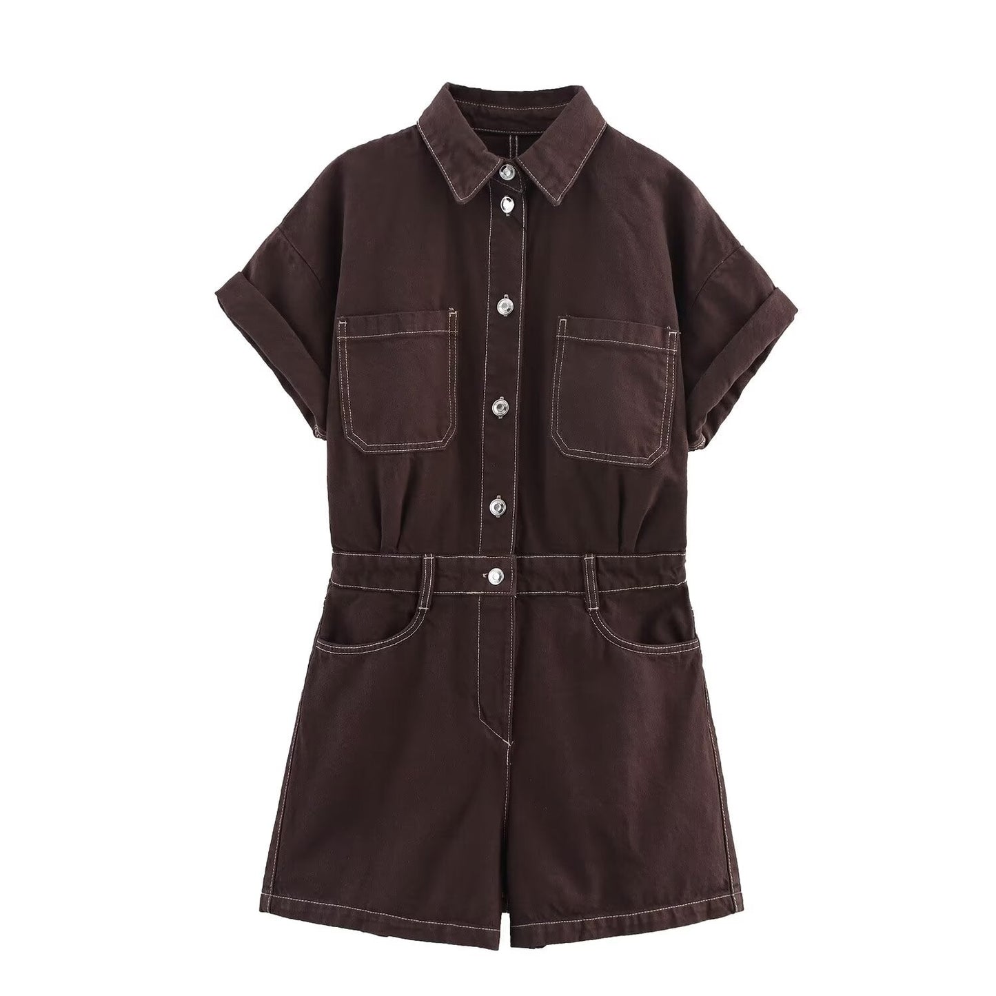 Women's new fashion short sleeved single breasted denim jumpsuit