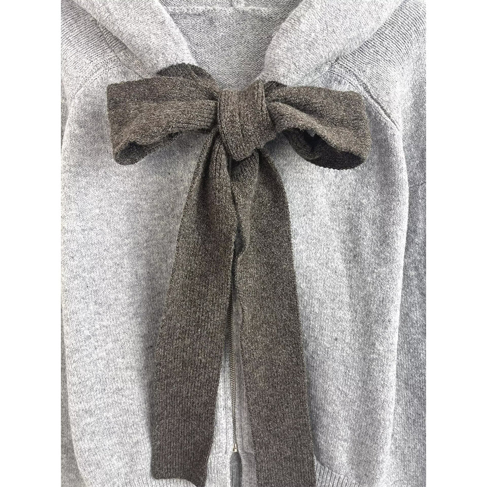Women's bow decoration knitted hooded Coat