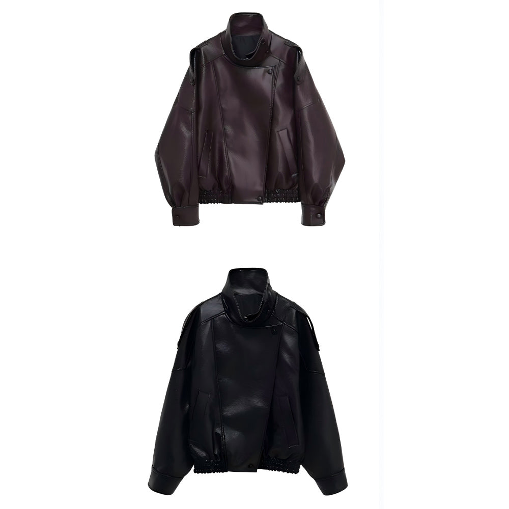 Women's casual stand collar Faux Leather jacket Coat