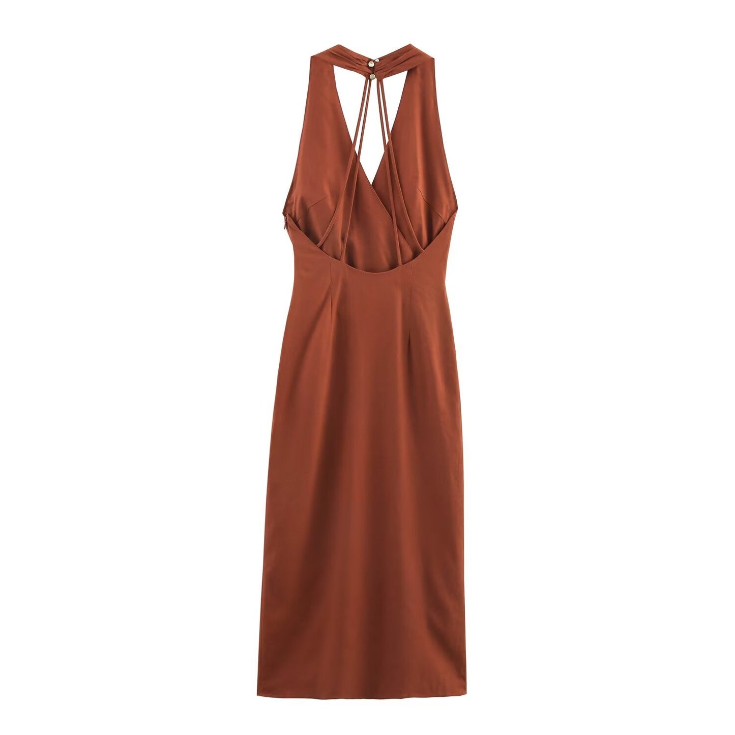 Women's 2025 new Fashion linen blend hanging neck Midi dress retro sleeveless women's dress