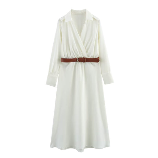 Women 2025 Autumn New Fashion Wear a belt shirt style Dress Vintage Long Sleeve Female Dresses