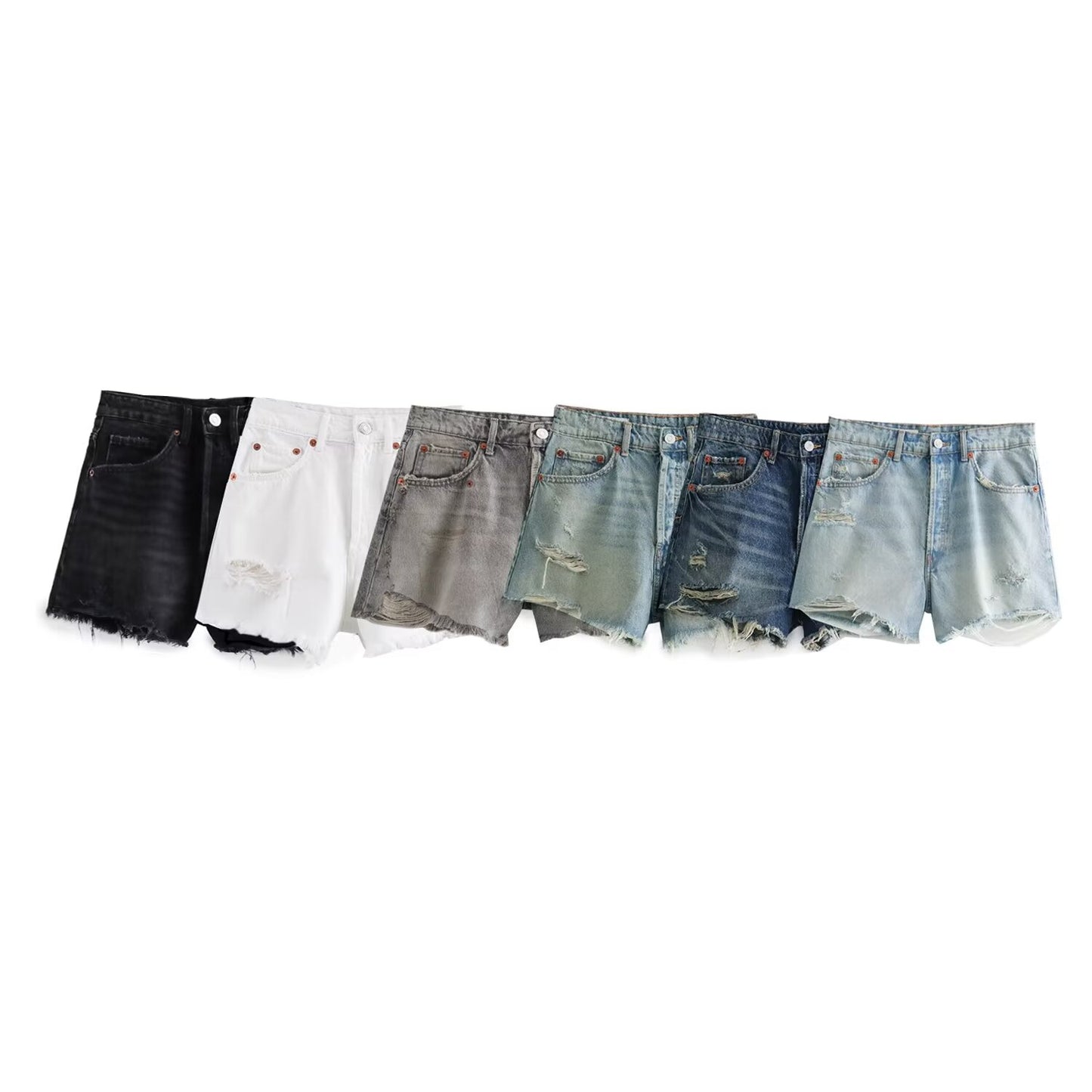 Ladies' new fashion Broken hole decoration casual side pocket high waisted denim shorts