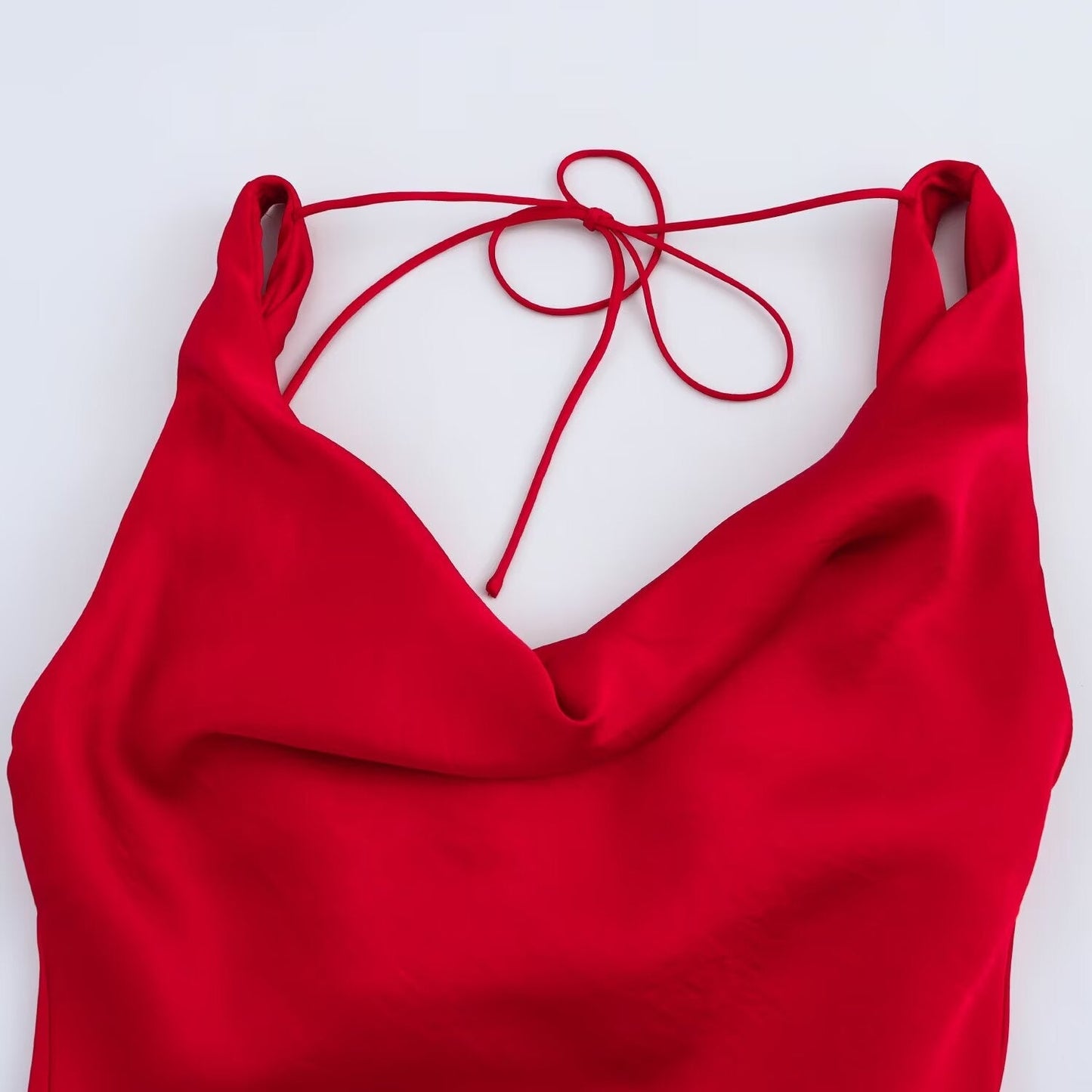 Women's new Fashion pleated decoration sexy slim fit satin texture backless Midi dress retro sleeveless lace up women's dress Mujer