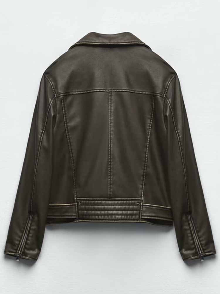 Women's 2025 new Fashion belt decoration casual versatile imitation leather jacket coat retro long sleeved zipper pocket women's coat chic top