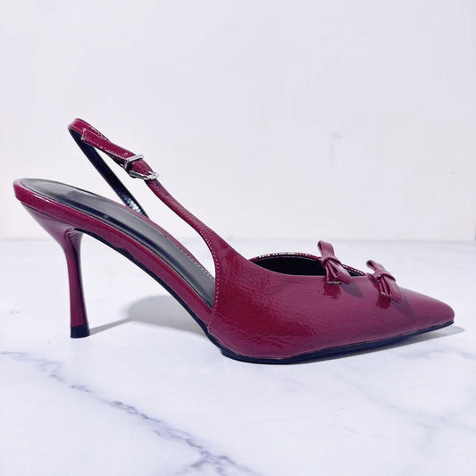 Women's New Fashion Joker Patent Leather Red Bow Pointed High-heeled Slippers