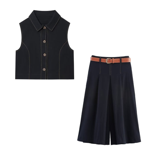 Women's new fashion short Lapel cotton straight vest+shorts suit