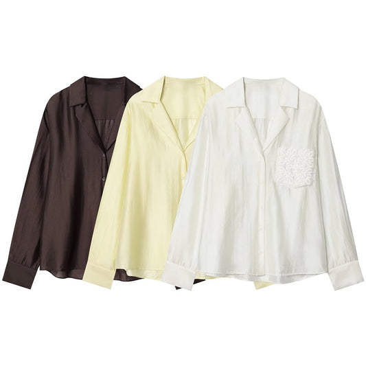 Women's new fashion embroidered pocket decoration long sleeved shirt