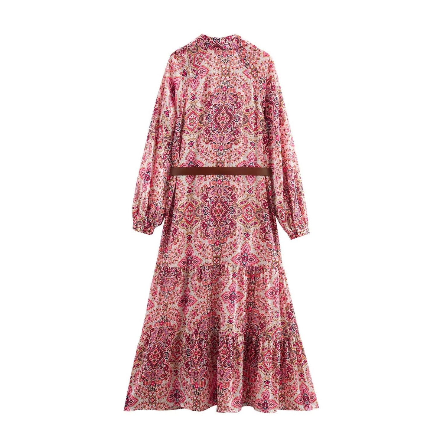 Women's new chic Fashion With Belt loose shirt style printed MIDI dress retro long sleeved button up women's dress Mujer