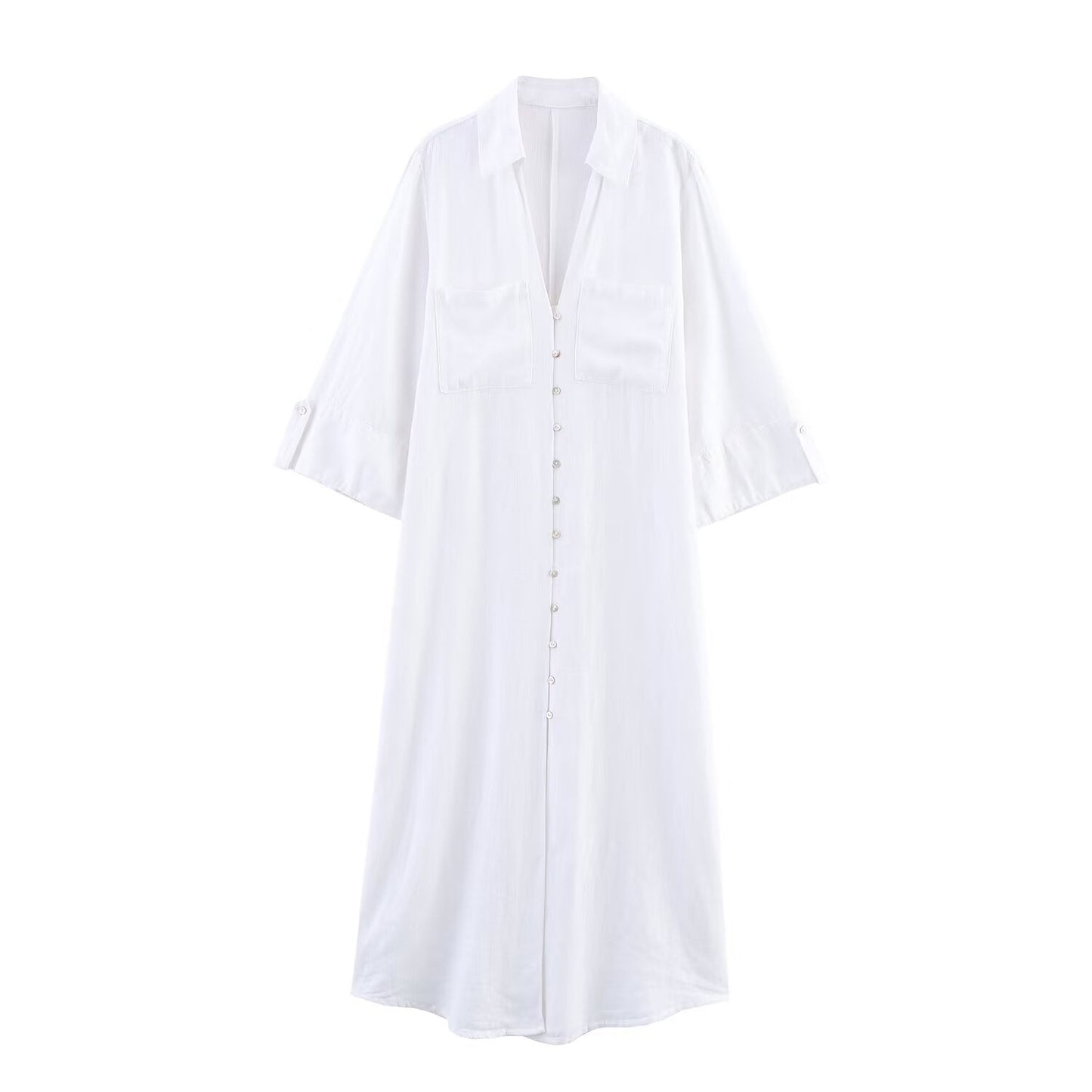 Women's 2025 new chic fashion linen blend shirt style MIDI dress retro long sleeved button up women's dress