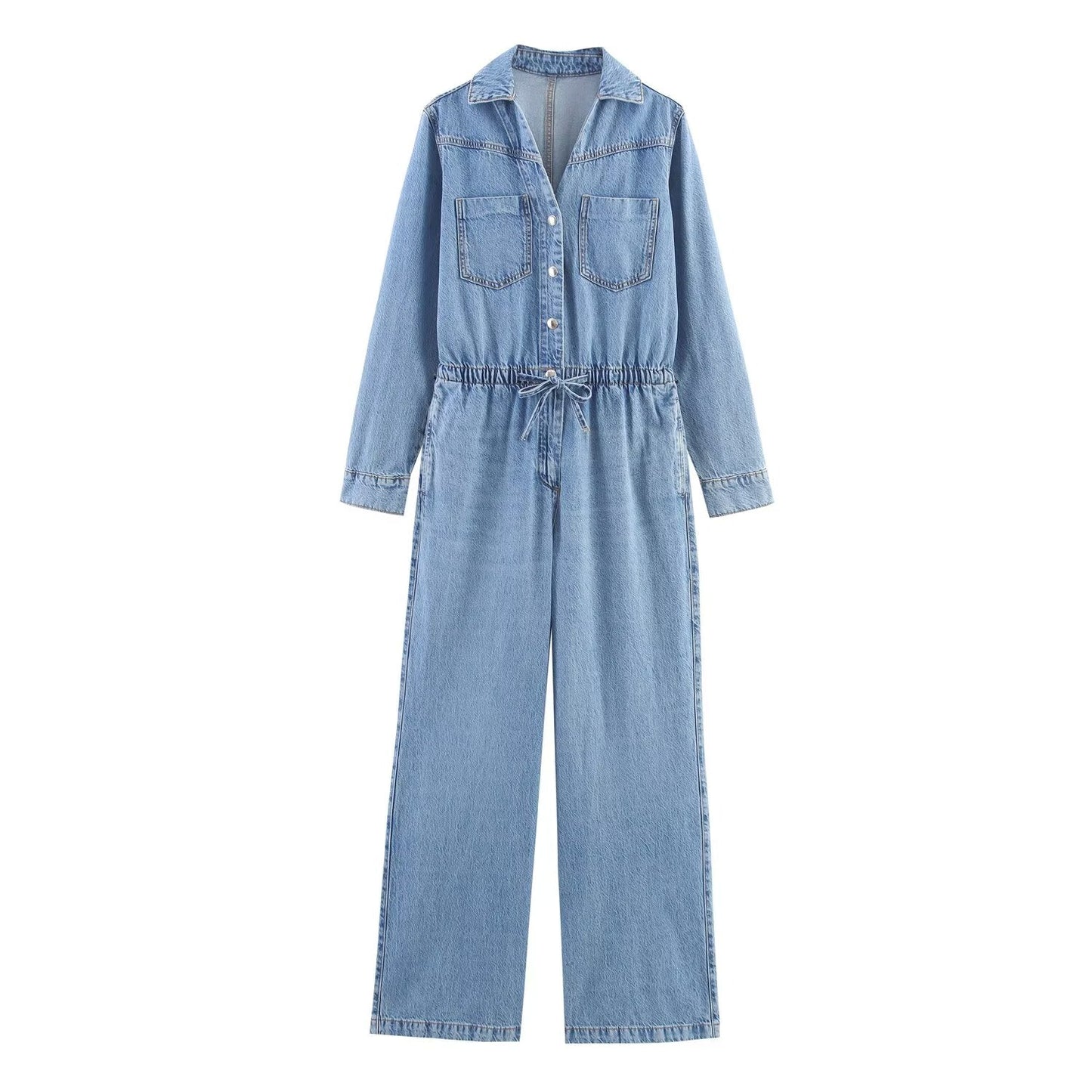 Women's New Fashion adjustable waist design long sleeved denim jumpsuit