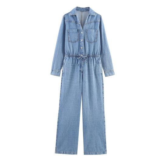 Women's New Fashion adjustable waist design long sleeved denim jumpsuit