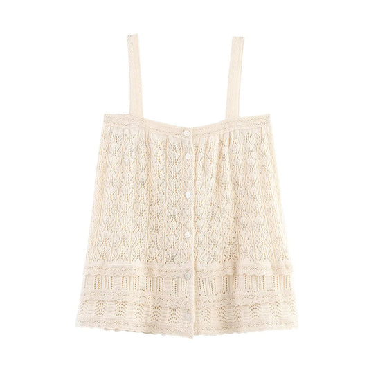 Women's New Fashion Button up decoration Mesh Jacquard Knitted suspender Top