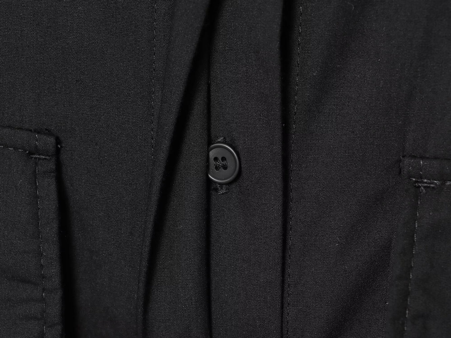 Women's 2025 New Fashion With Belt Black Poplin Button-up Shirt