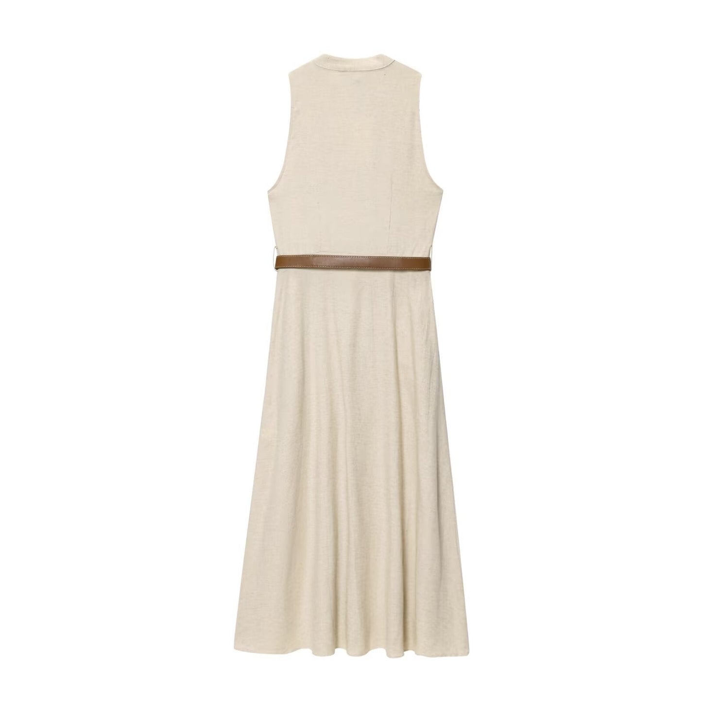 Women's New Fashion With Belt Sleeveless Linen Blended Midi Dress