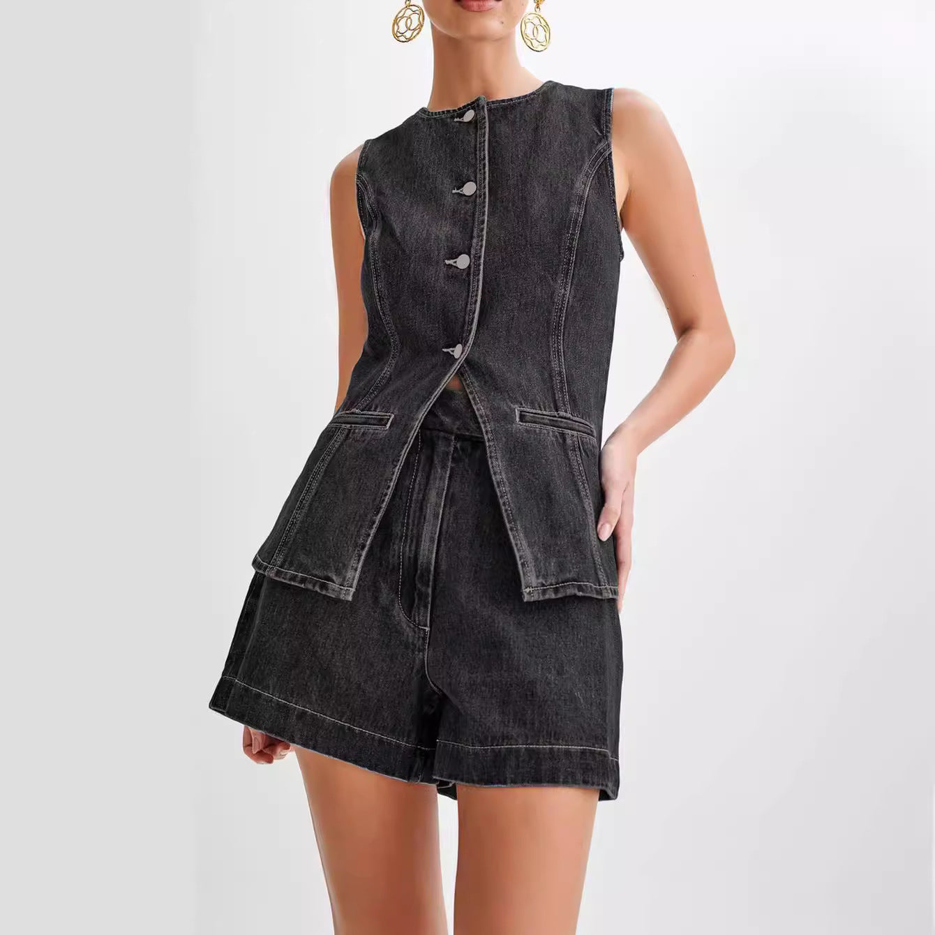 Women's New Fashion Joker Casual Sleeveless Denim Vest+high Waist Denim Shorts Suit
