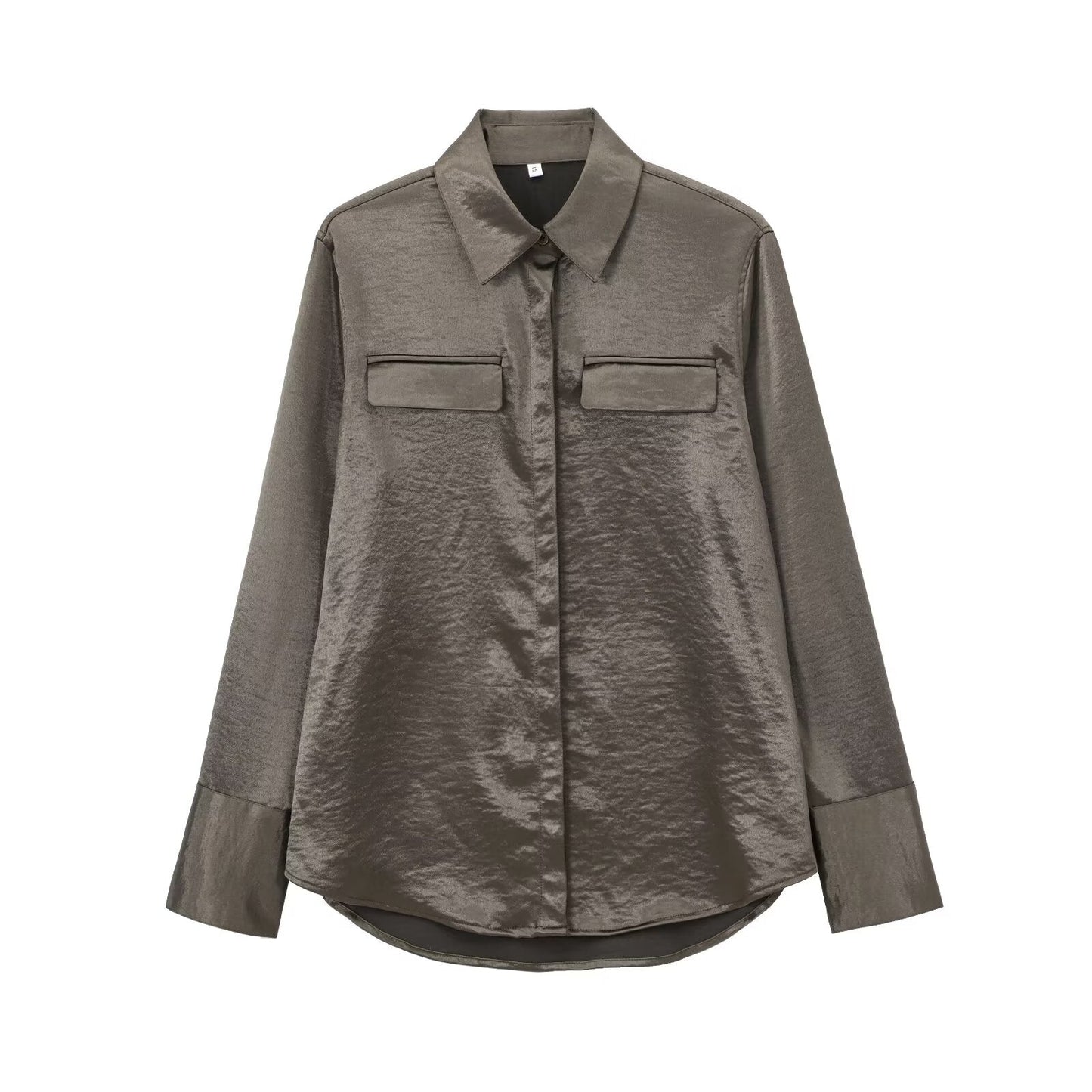 Women's new fashion flip decoration casual satin texture asymmetric shirt retro long sleeved button up women's shirt chic top