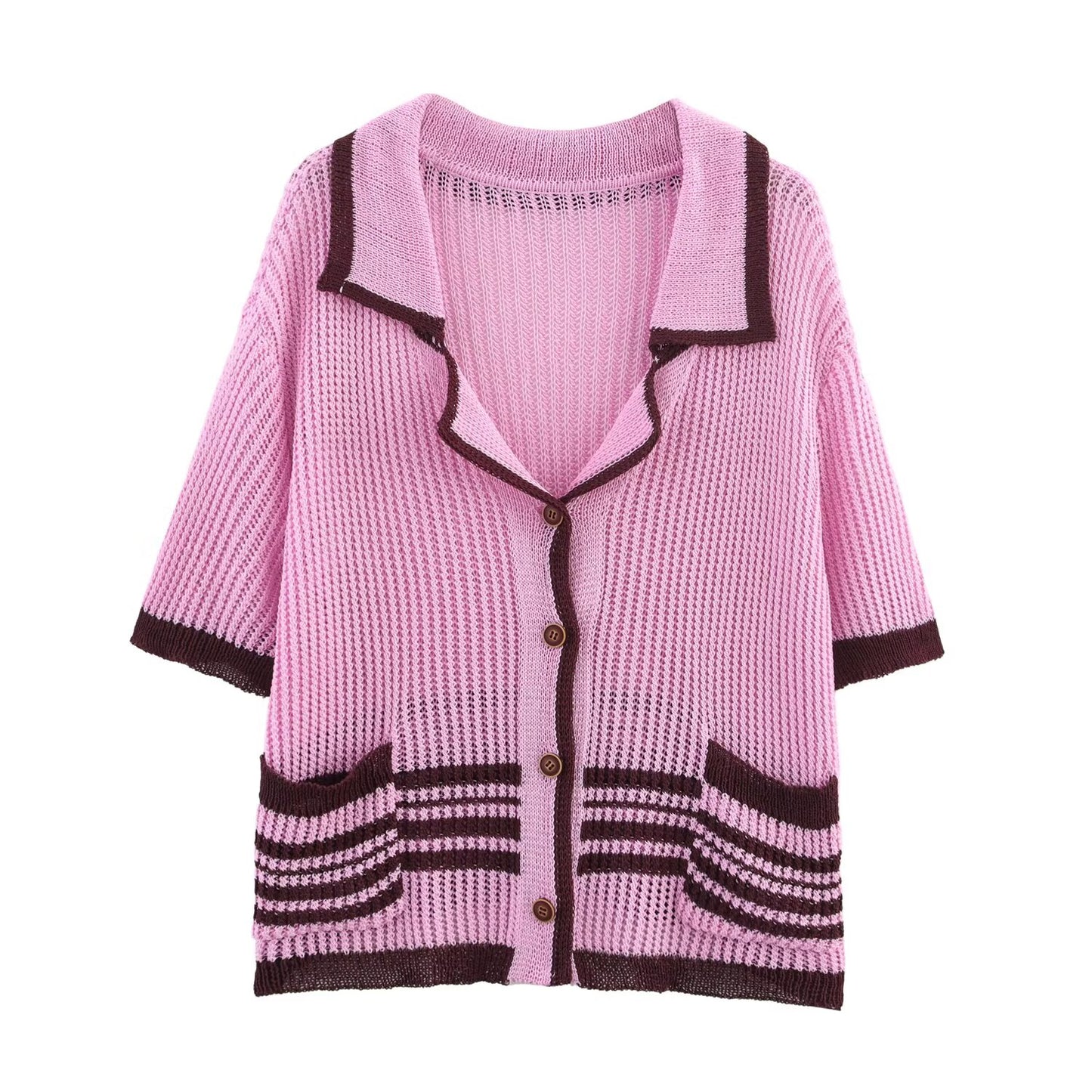 Women's new fashion casual single breasted striped knitted polo shirt coat+Shorts Women's suit