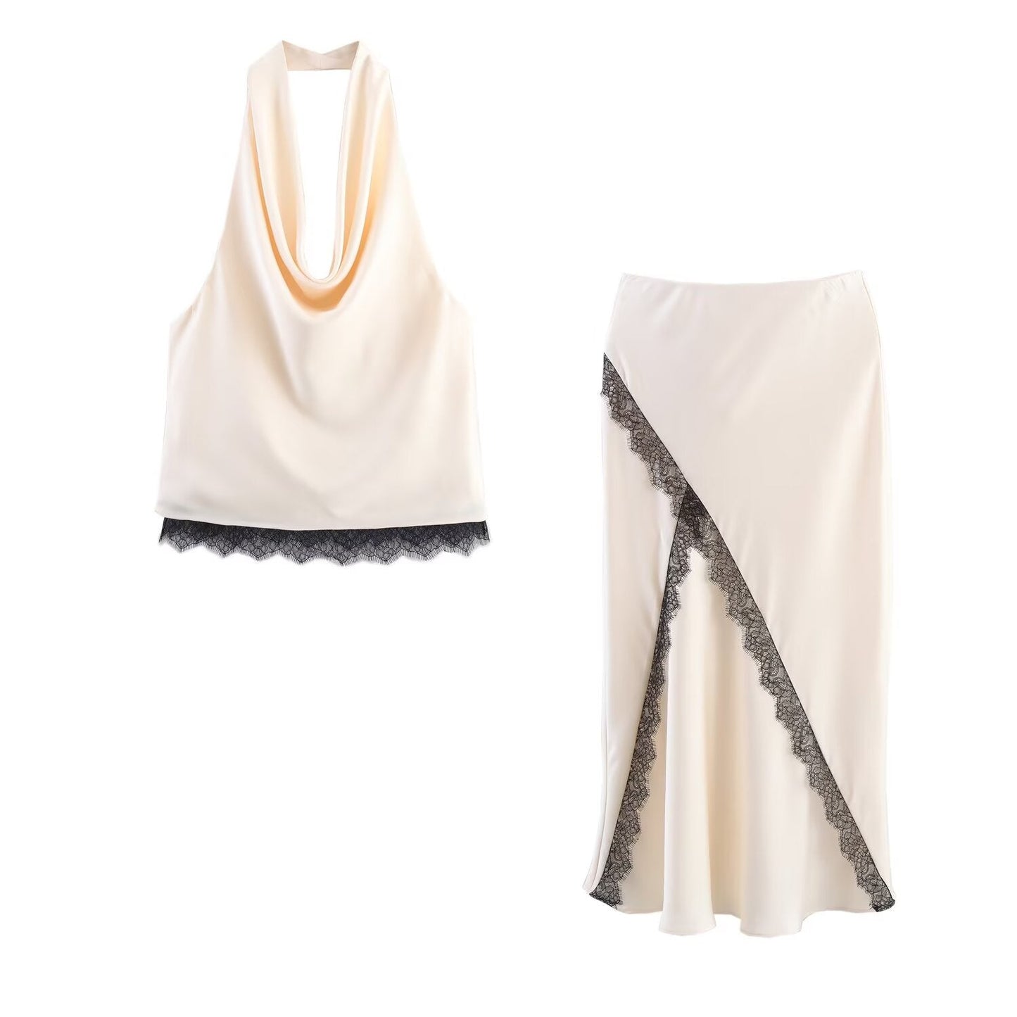 Women's new fashion lace decoration satin hanging neck top+Skirts suit