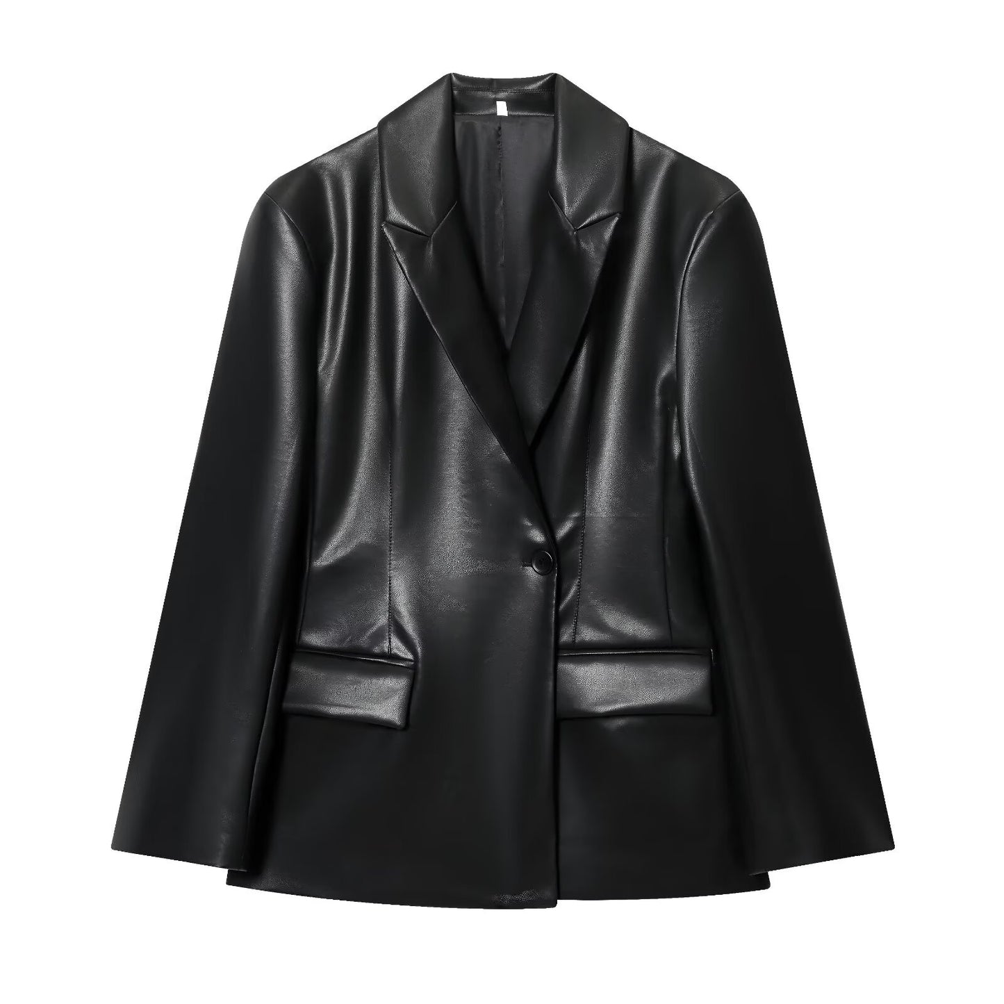 Women's new fashion black slim faux leather effect suit Coat