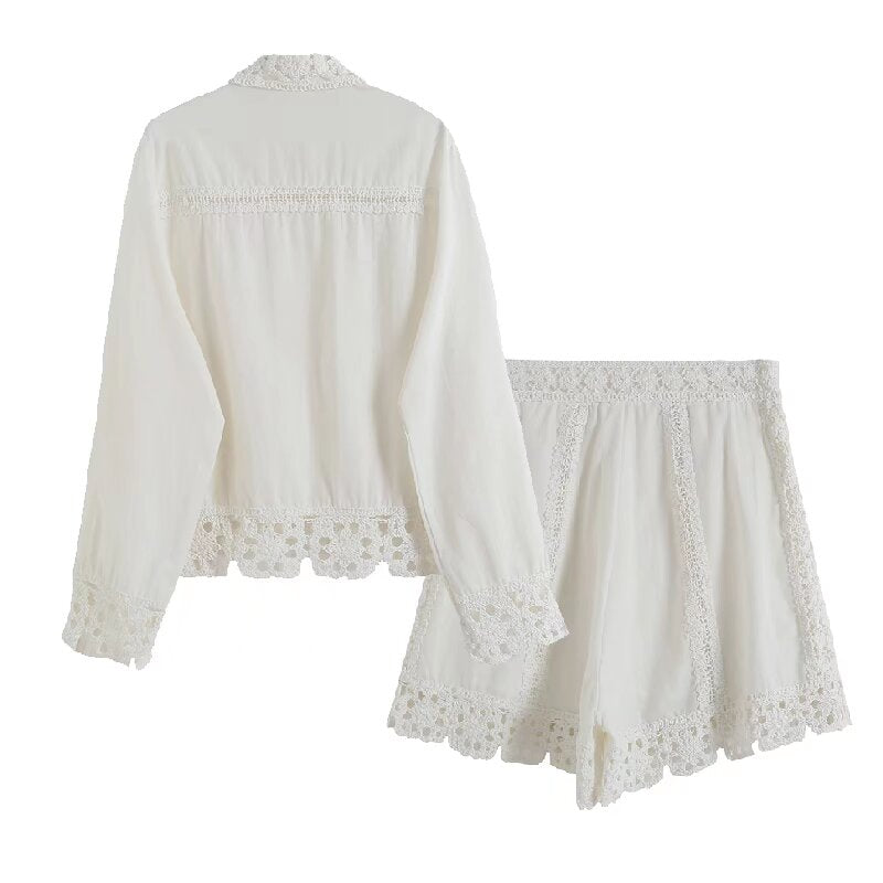 Women's new fashion casual single breasted long sleeved lace patchwork shirt+Shorts Women's suit