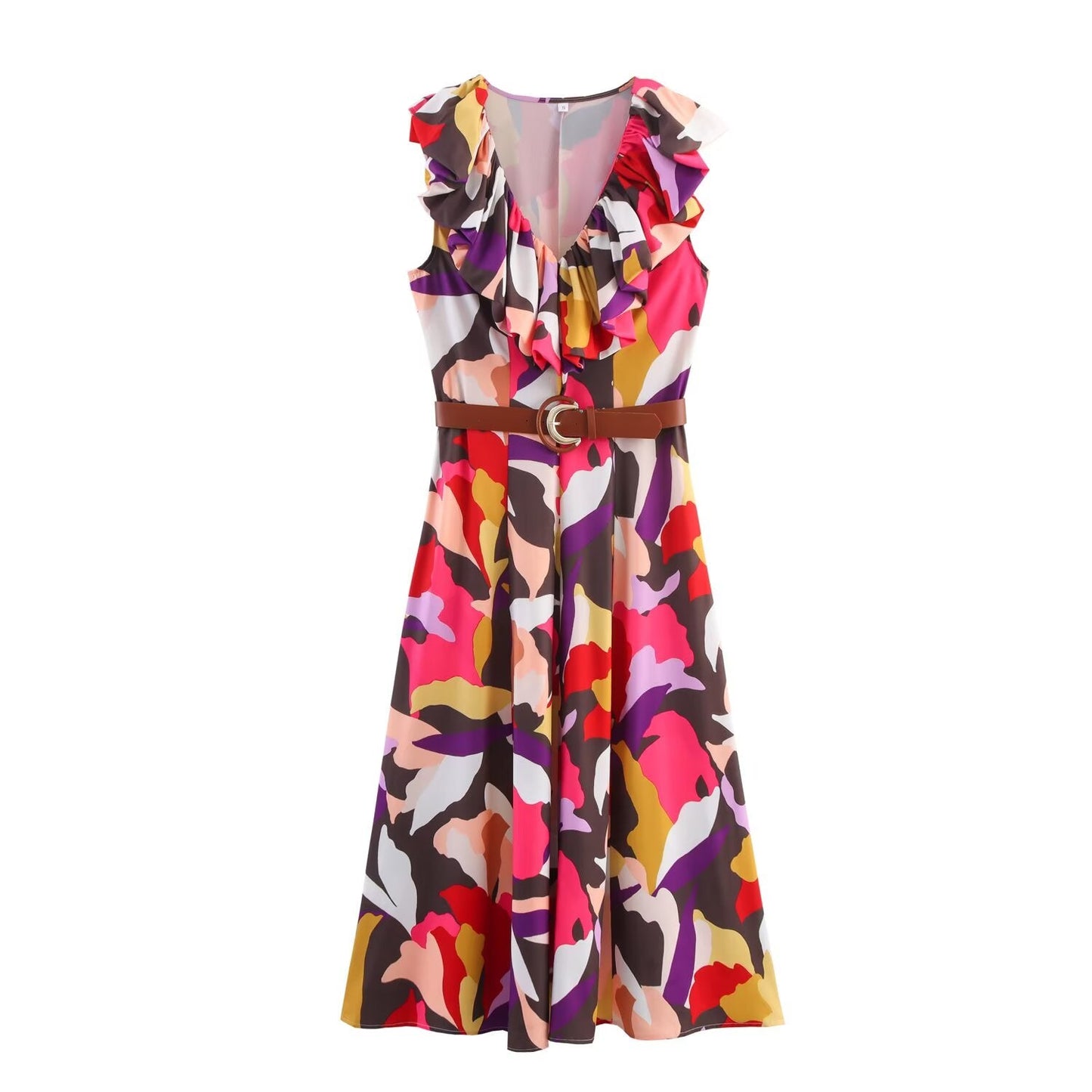Women's New Fashion With Belt Printed V-neck Poplin Midi Dress