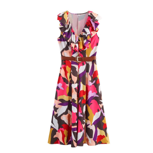 Women's New Fashion With Belt Printed V-neck Poplin Midi Dress