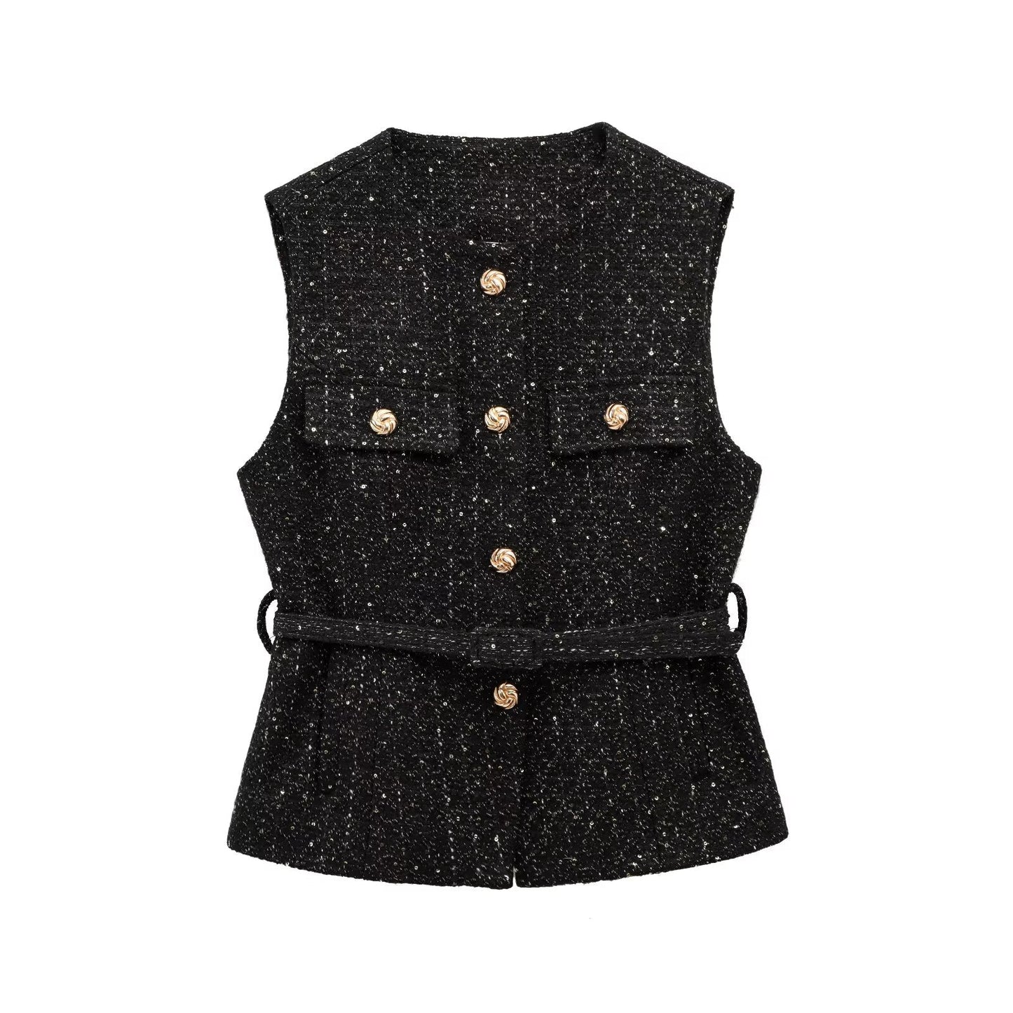 Women's new fashion with Belt bead decoration sleeveless textured vest