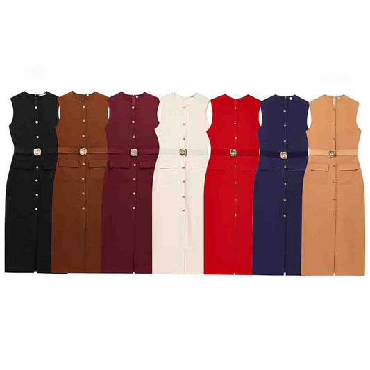 Women's new chic Fashion With belt slim single breasted Midi dress retro sleeveless women's dress