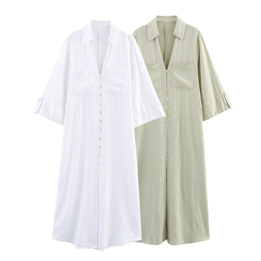 Women's 2025 new chic fashion linen blend shirt style MIDI dress retro long sleeved button up women's dress