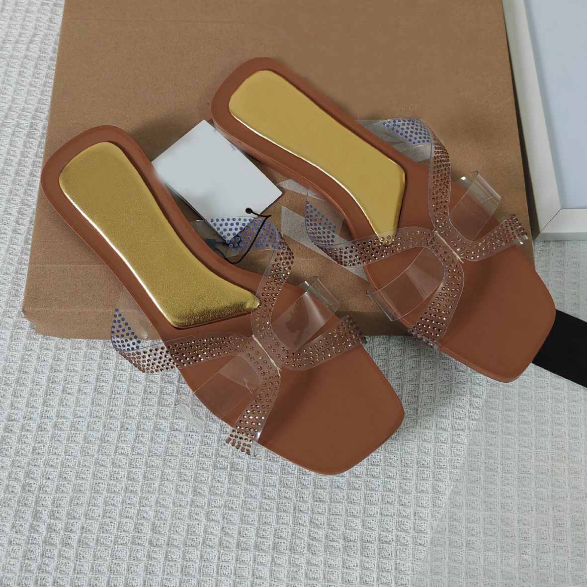 Women's New Casual Joker Transparent Drilling Flat Shoes Comfortable Sandals and Slippers