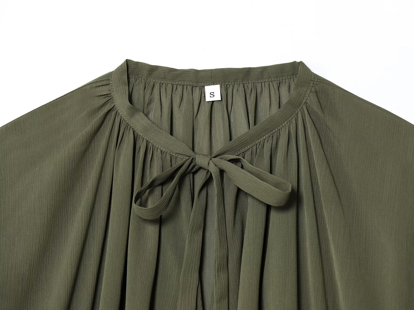 2025 Women's fashion bow Lace up decoration long sleeved pleated shirt